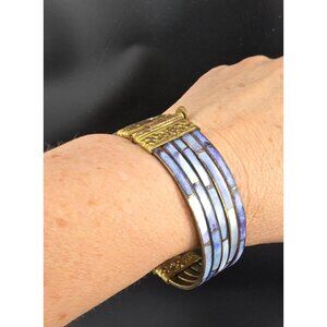 Vntg Hinged Brass Bangle Bracelet 5 Rows Mother of Pearl Inlay Ornate Detailing